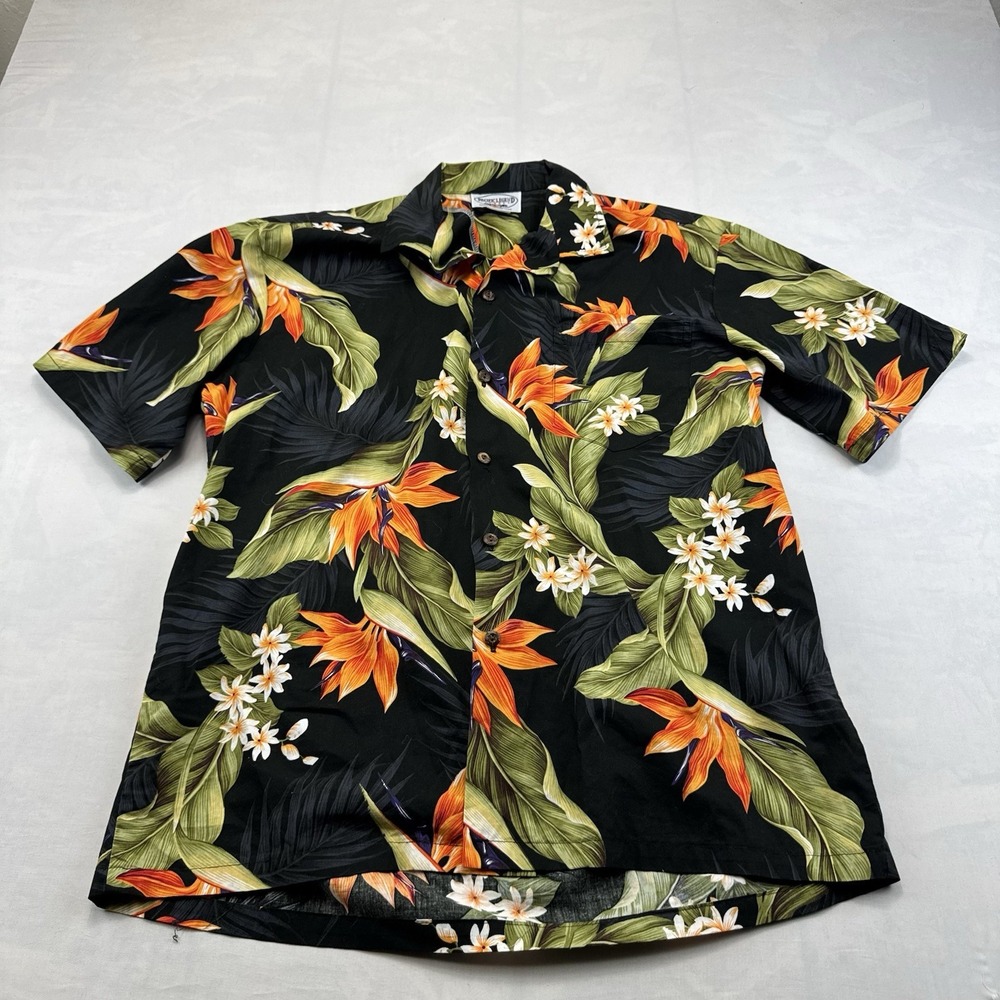 Pacific Legend Men's L Hawaiian Shirt Black Orange Bird of Paradise Floral USA
